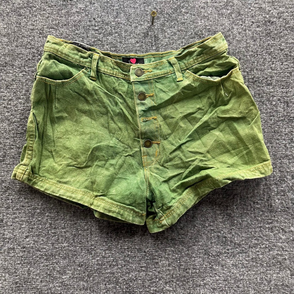 Your Eyes Lie Shorts Womens Size L Green Denim High Waisted Button Fly Cotton